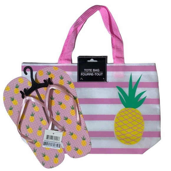Flip Flops and Pineapple Tote Set Tropical Beach Theme Pink White Women’s L 9/10 - Picture 1 of 16